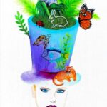 Tableau peint à l’acrylique au pinceau par Hartie, artiste peintre. La collection Féminité des jardins d’hartie s’inspire des courses hippiques ou d’élégantes silhouettes arborent des chapeaux époustouflants. Multicolore. Mise en scène et immortalisation d’histoires animalières.