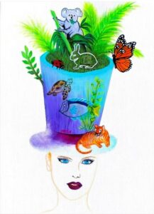 Tableau peint à l’acrylique au pinceau par Hartie, artiste peintre. La collection Féminité des jardins d’hartie s’inspire des courses hippiques ou d’élégantes silhouettes arborent des chapeaux époustouflants. Multicolore. Mise en scène et immortalisation d’histoires animalières.