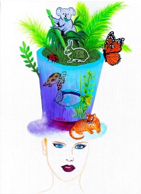 Tableau peint à l’acrylique au pinceau par Hartie, artiste peintre. La collection Féminité des jardins d’hartie s’inspire des courses hippiques ou d’élégantes silhouettes arborent des chapeaux époustouflants. Multicolore. Mise en scène et immortalisation d’histoires animalières.