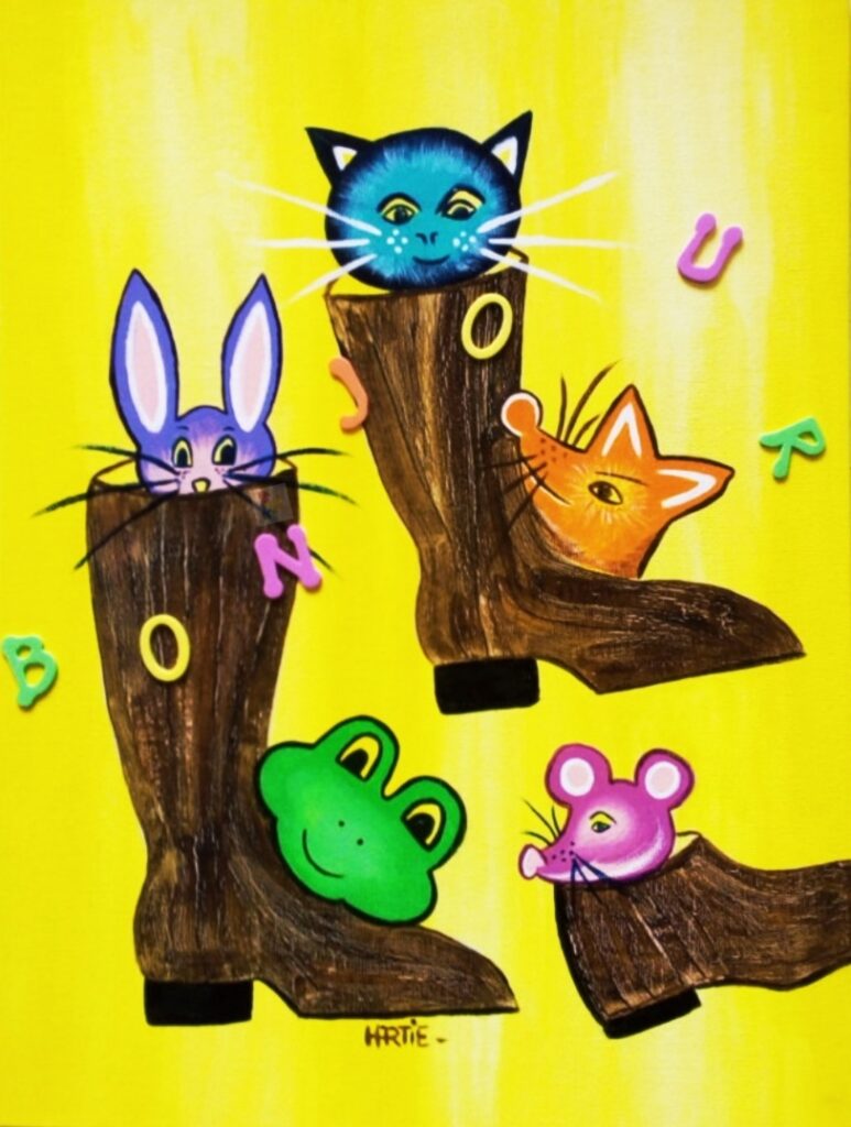 Tableau peint à l’acrylique au pinceau. L’artiste peintre est HARTIE. La Série Cache Cache mêle têtes d’animaux espiègles et chaussures. Multicolore et cosmopolite. Naïf et imaginaire.
