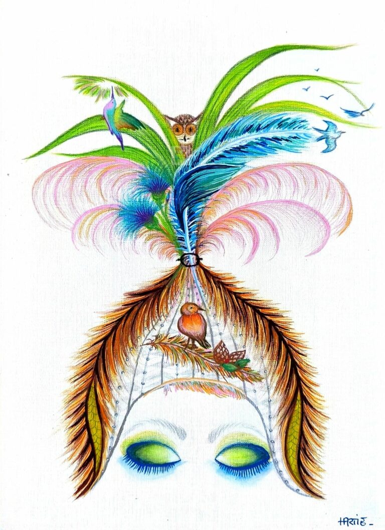 Tableau peint à l’acrylique au pinceau par Hartie, artiste peintre. La collection Féminité des jardins d’hartie s’inspire des courses hippiques ou d’élégantes silhouettes arborent des chapeaux époustouflants. Multicolore. Mise en scène et immortalisation d’histoires animalières.