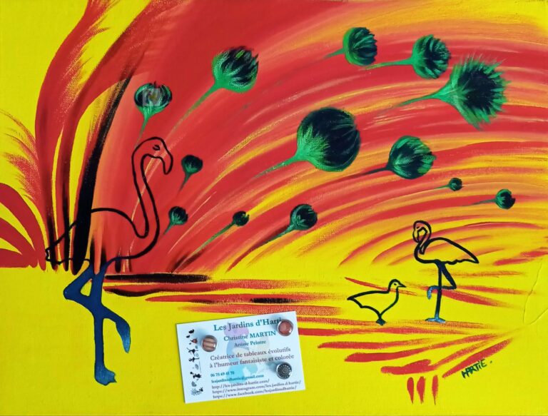 Tableau peint à l'acrylique, au pinceau, par l'artiste HARTIE. Il se transforme en panneau d'affichage. Avec des aimants, on fixe sur la toile une image. Paysage abstrait