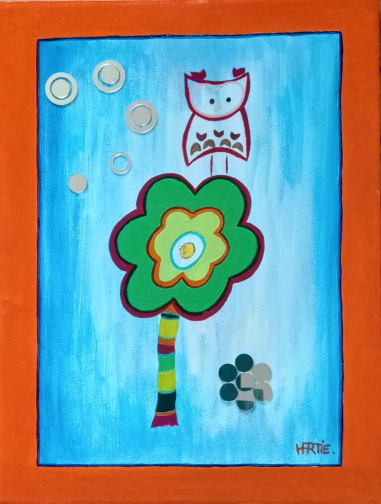Tableau peint à l'acrylique au pinceau par HARTIE, artiste peintre. Fleur Imaginaire.