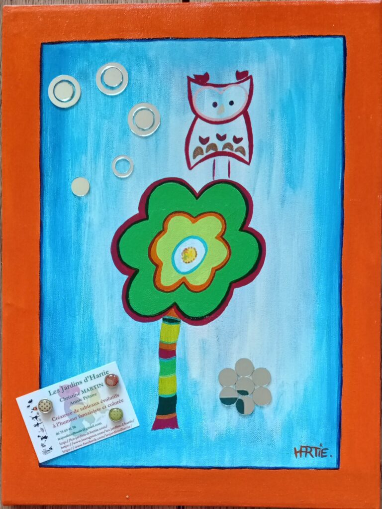 Tableau peint à l'acrylique au pinceau par HARTIE, artiste peintre et se transforme en panneau d'affichage. Avec des aimants, on fixe une image. fleur imaginaire.