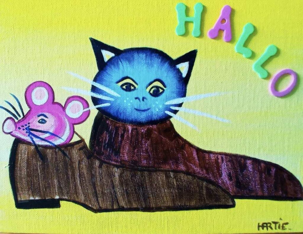 Tableau peint à l’acrylique au pinceau. L’artiste peintre est HARTIE. La Série Cache Cache mêle têtes d’animaux espiègles et chaussures. Multicolore et cosmopolite. Naïf et imaginaire.
