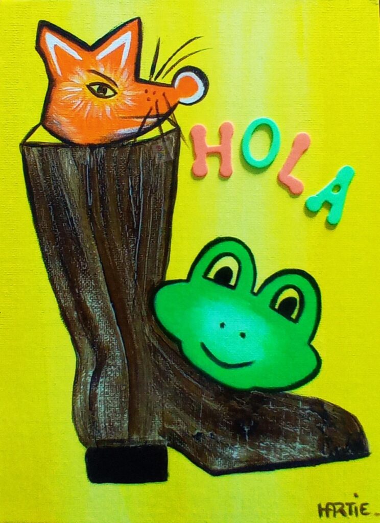 Tableau peint à l’acrylique au pinceau. L’artiste peintre est HARTIE. La Série Cache Cache mêle têtes d’animaux espiègles et chaussures. Multicolore et cosmopolite. Naïf et imaginaire.