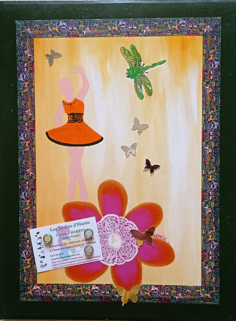Tableau peint à l'acrylique au pinceau par HARTIE, artiste peintre et se transforme en panneau d'affichage. Avec des aimants, on fixe une image. Danse Imaginaire.