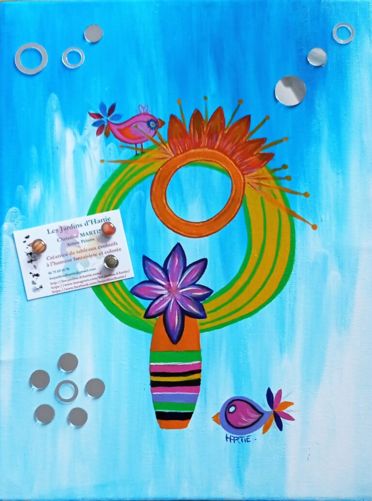 Tableau peint à l'acrylique au pinceau par HARTIE, artiste peintre et se transforme en panneau d'affichage. Avec des aimants, on fixe une image. Scène onirique.
