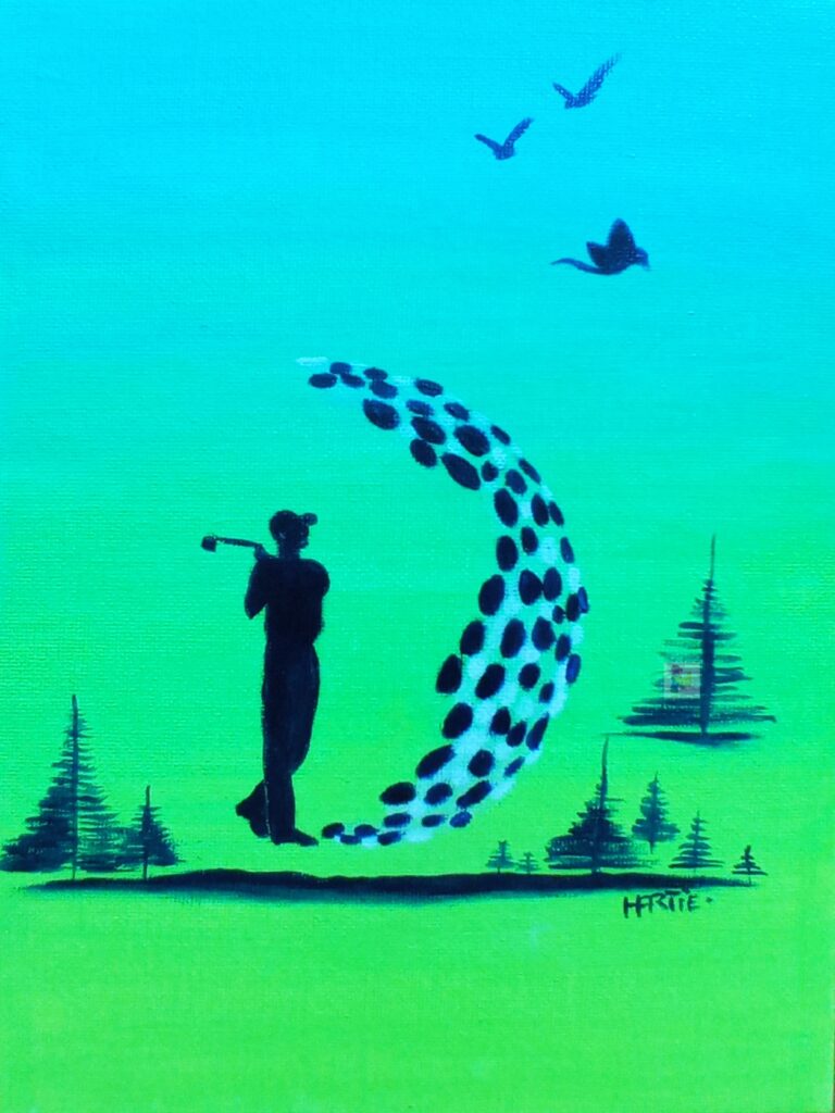 Tableau peint à l’acrylique au pinceau. L’artiste peintre est HARTIE. La série les Baptistes raconte l’odyssée visuelle d’un golfeur vers la victoire. Teinte green - bleu tropical. Figuratif