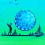 Tableau peint à l’acrylique au pinceau. L’artiste peintre est HARTIE. La série les Baptistes raconte l’odyssée visuelle d’un golfeur vers la victoire. Teinte green - bleu tropical. Figuratif