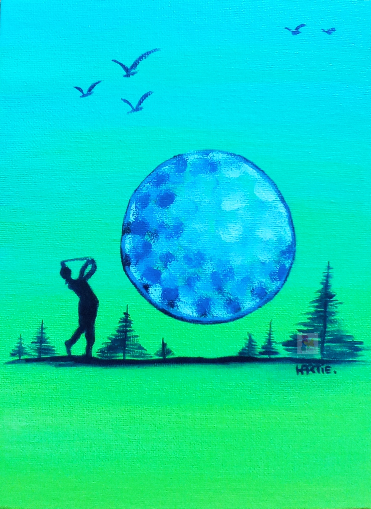 Tableau peint à l’acrylique au pinceau. L’artiste peintre est HARTIE. La série les Baptistes raconte l’odyssée visuelle d’un golfeur vers la victoire. Teinte green - bleu tropical. Figuratif