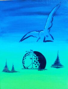 Tableau peint à l’acrylique au pinceau. L’artiste peintre est HARTIE. La série les Baptistes raconte l’odyssée visuelle d’un golfeur vers la victoire. Teinte green - bleu tropical. Figuratif