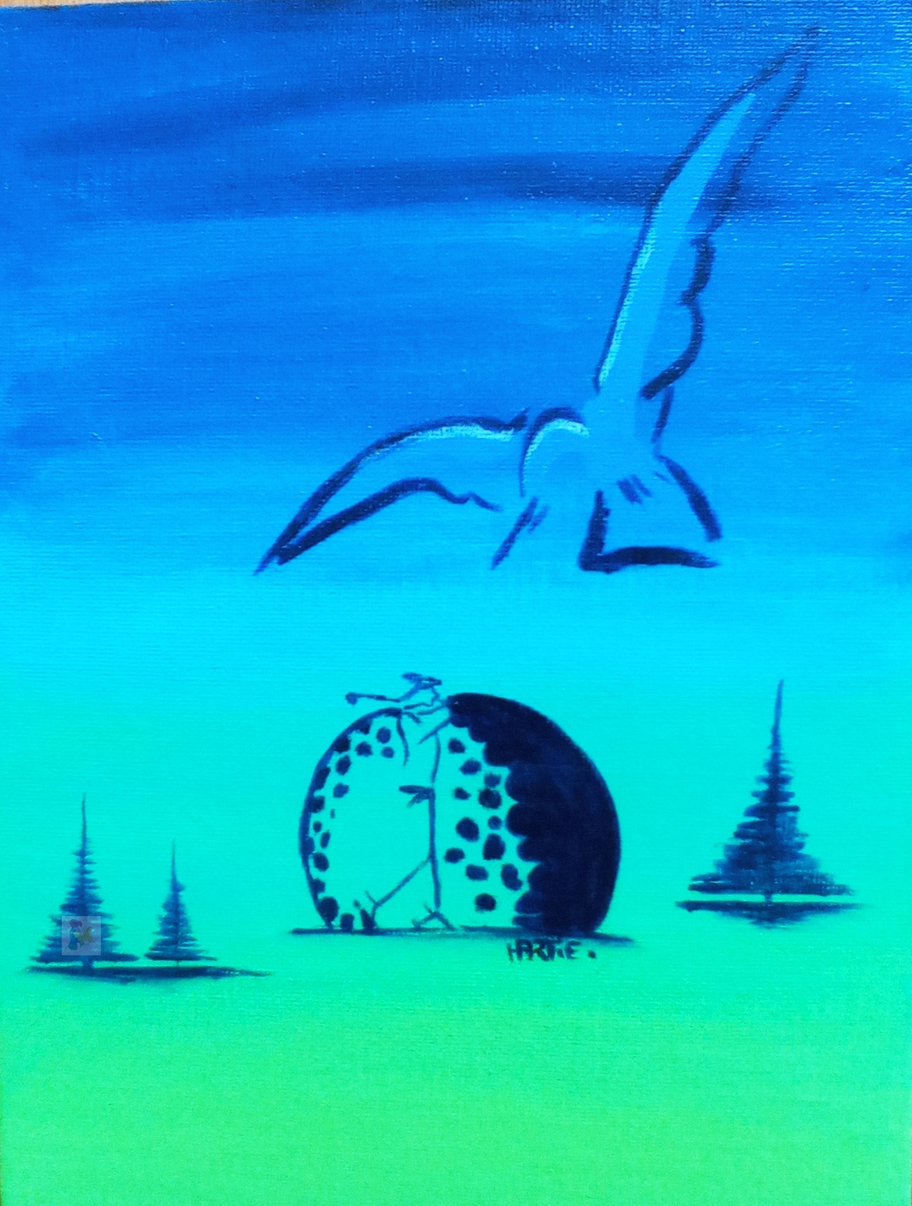 Tableau peint à l’acrylique au pinceau. L’artiste peintre est HARTIE. La série les Baptistes raconte l’odyssée visuelle d’un golfeur vers la victoire. Teinte green - bleu tropical. Figuratif