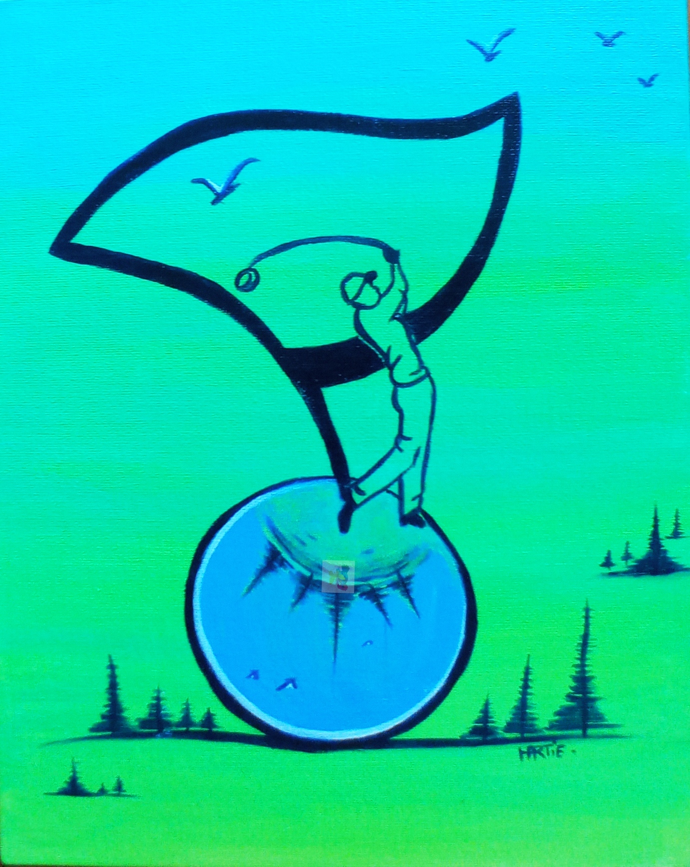 Tableau peint à l’acrylique au pinceau. L’artiste peintre est HARTIE. La série les Baptistes raconte l’odyssée visuelle d’un golfeur vers la victoire. Teinte green - bleu tropical. Figuratif