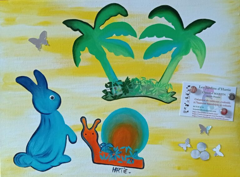 Tableau peint à l'acrylique au pinceau par HARTIE, artiste peintre et se transforme en panneau d'affichage. Avec des aimants, on fixe une image. Inspiration onirique