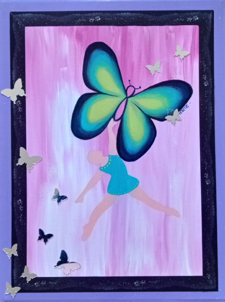 Tableau peint à l'acrylique au pinceau par HARTIE, artiste peintre et se transforme en panneau d'affichage. Avec des aimants, on fixe une image. Danse onirique