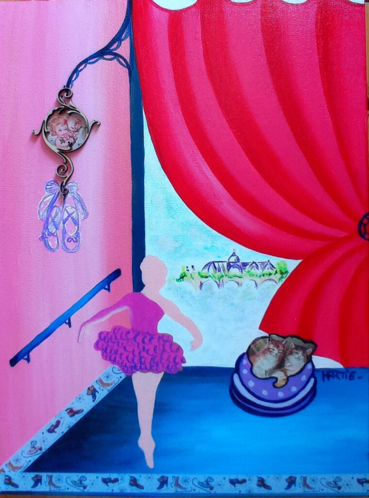 Tableau peint à l'acrylique au pinceau par HARTIE, artiste peintre. Studio de danse parisien rose et bleu. Collection Paris. Figuratif