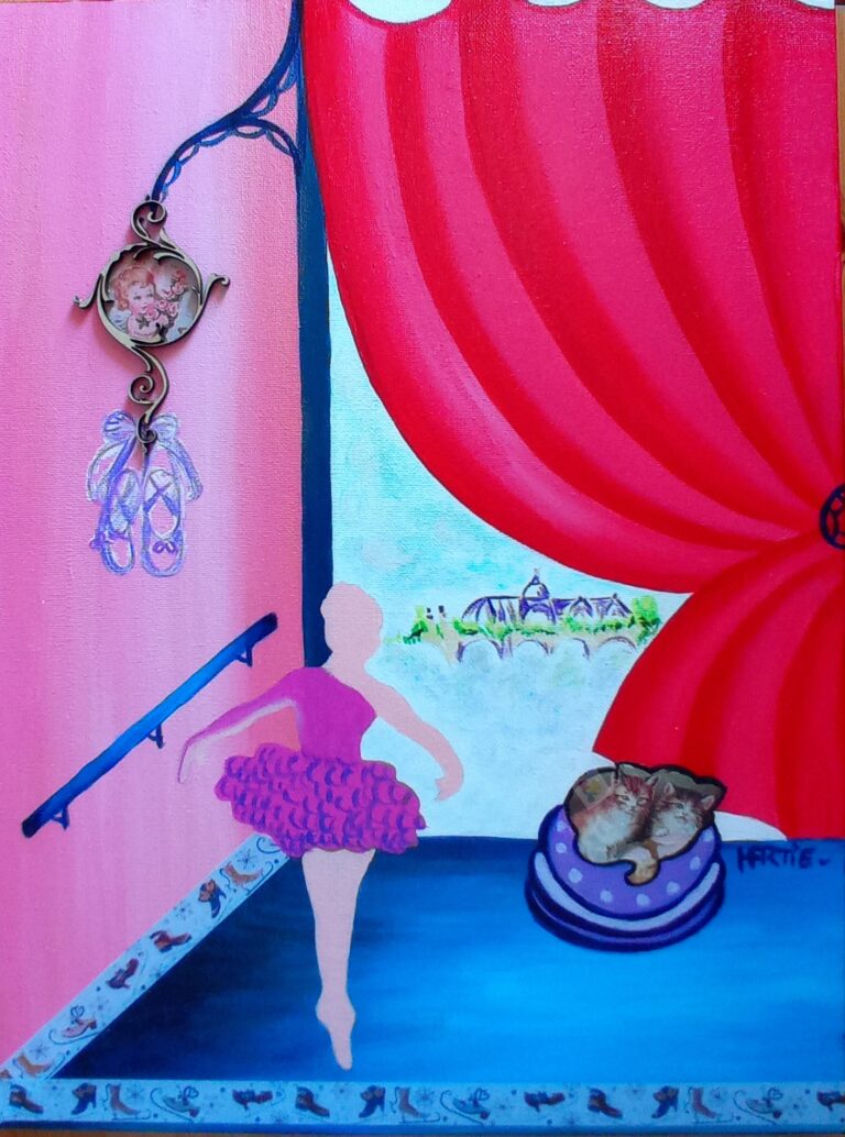 Tableau peint à l'acrylique au pinceau par HARTIE, artiste peintre. Studio de danse parisien rose et bleu. Collection Paris. Figuratif
