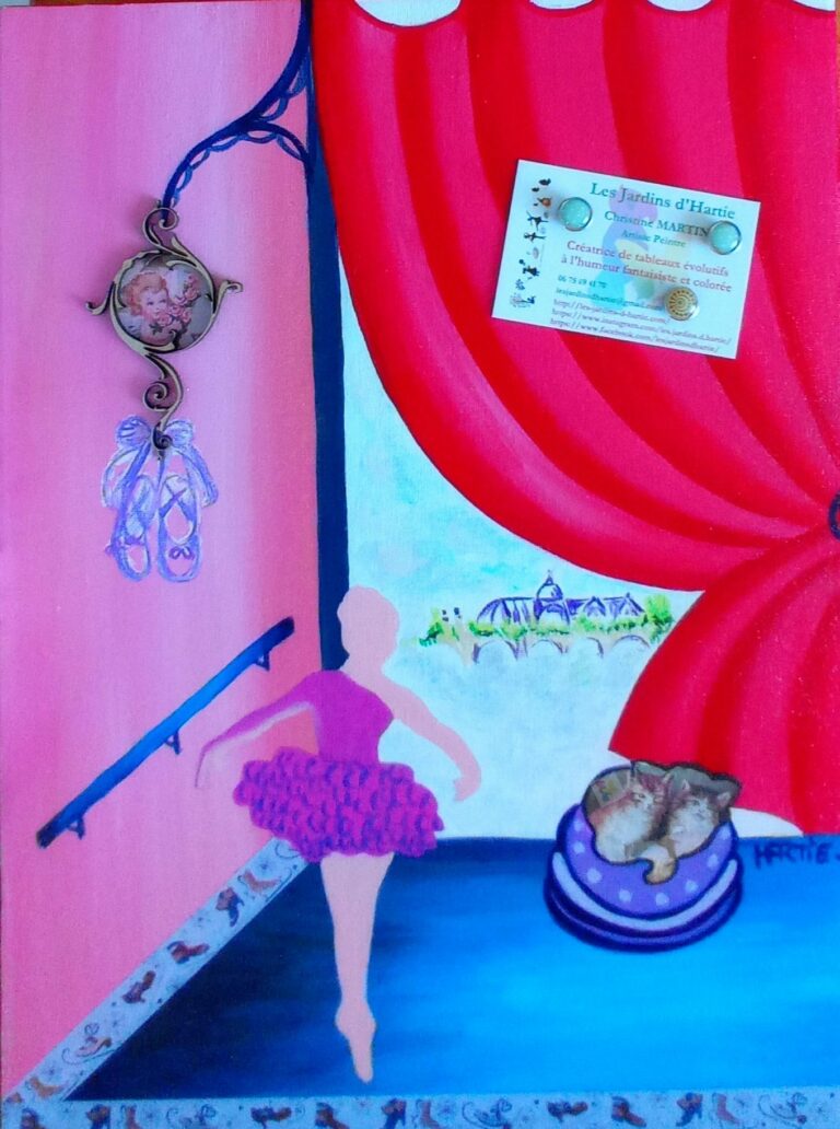 Tableau peint à l'acrylique, au pinceau, par l'artiste HARTIE. Il se transforme en panneau d'affichage. Avec des aimants, on fixe sur la toile une image. Studio de danse parisien rose et bleu. Collection Paris.