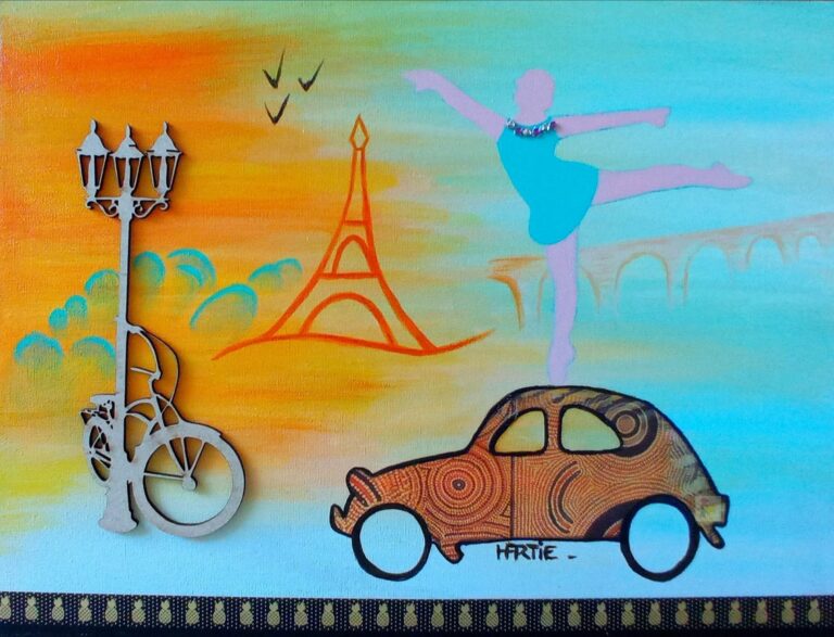 Tableau peint à l'acrylique, au pinceau, par l'artiste HARTIE. Collection Paris. Péripétie d'une danseuse à Paris. Figuratif