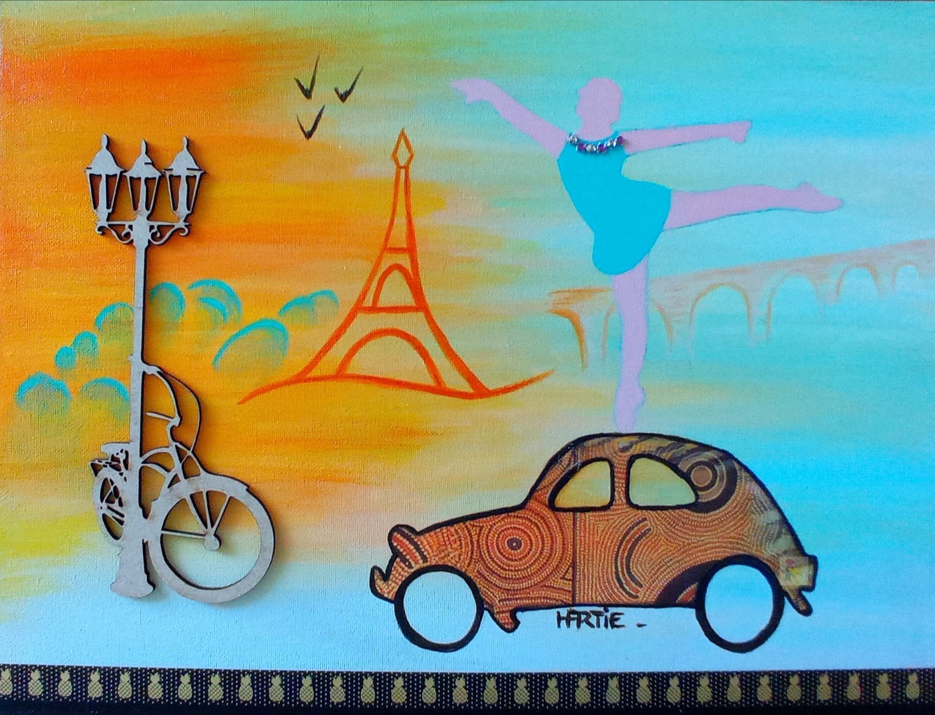 Tableau peint à l'acrylique, au pinceau, par l'artiste HARTIE. Collection Paris. Péripétie d'une danseuse à Paris. Figuratif