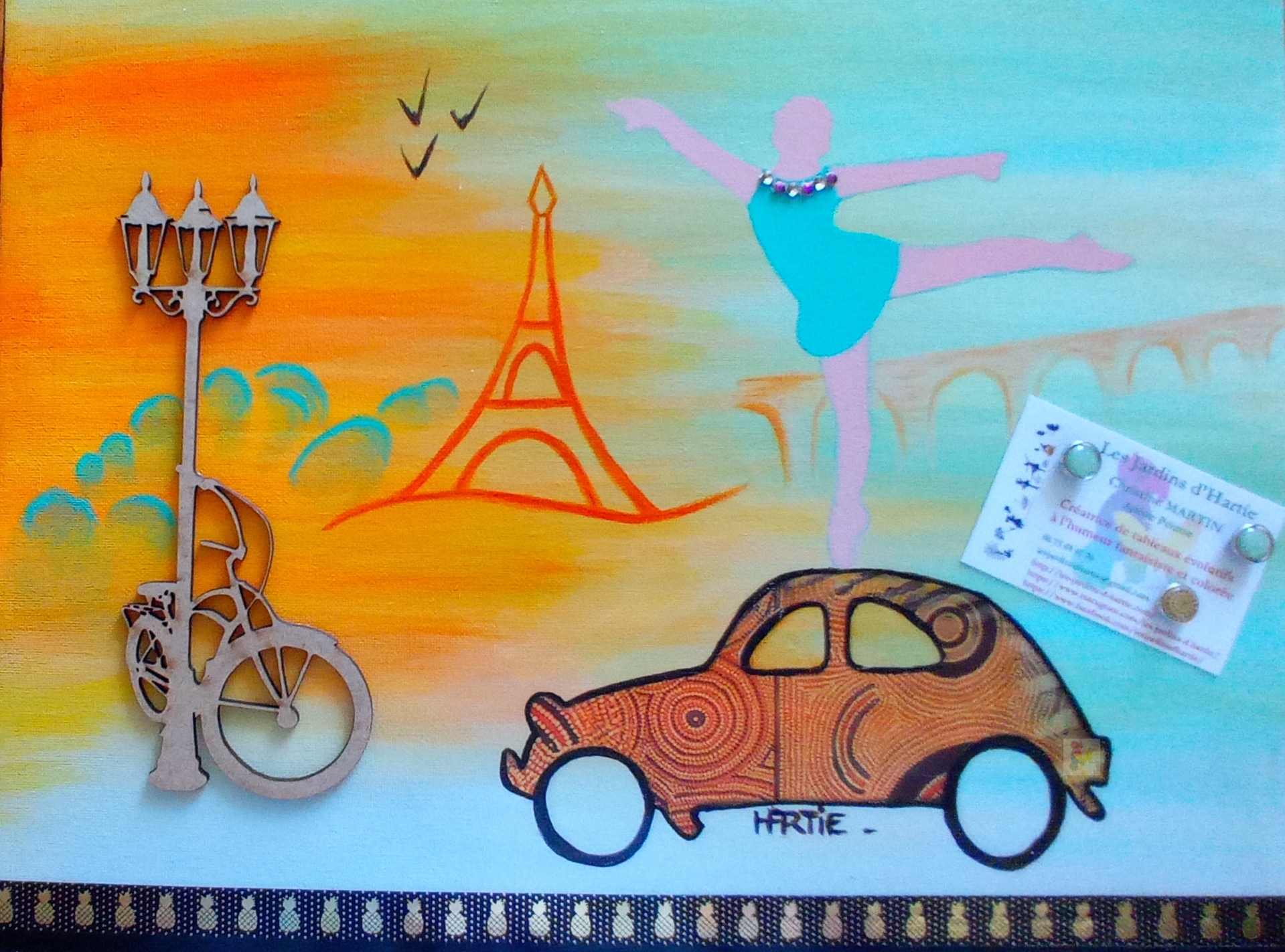 Tableau peint à l'acrylique, au pinceau, par l'artiste HARTIE. Il se transforme en panneau d'affichage. Avec des aimants, on fixe sur la toile une image. Collection Paris. Péripétie d'une danseuse à Paris. Figuratif