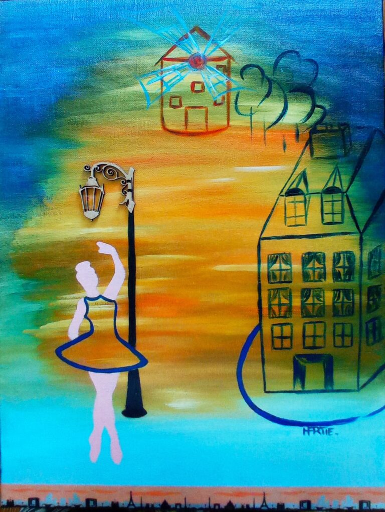 Tableau peint à l'acrylique, au pinceau, par l'artiste HARTIE. Nuit parisienne d'une danseuse. Collection Paris. Figuratif