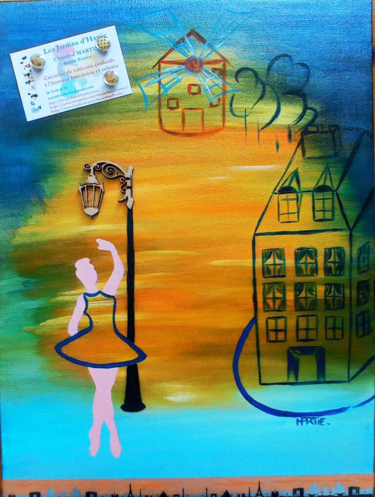 Tableau peint à l'acrylique, au pinceau, par l'artiste HARTIE. Il se transforme en panneau d'affichage. Avec des aimants, on fixe sur la toile une image. Collection. Nuit parisienne d'une danseuse