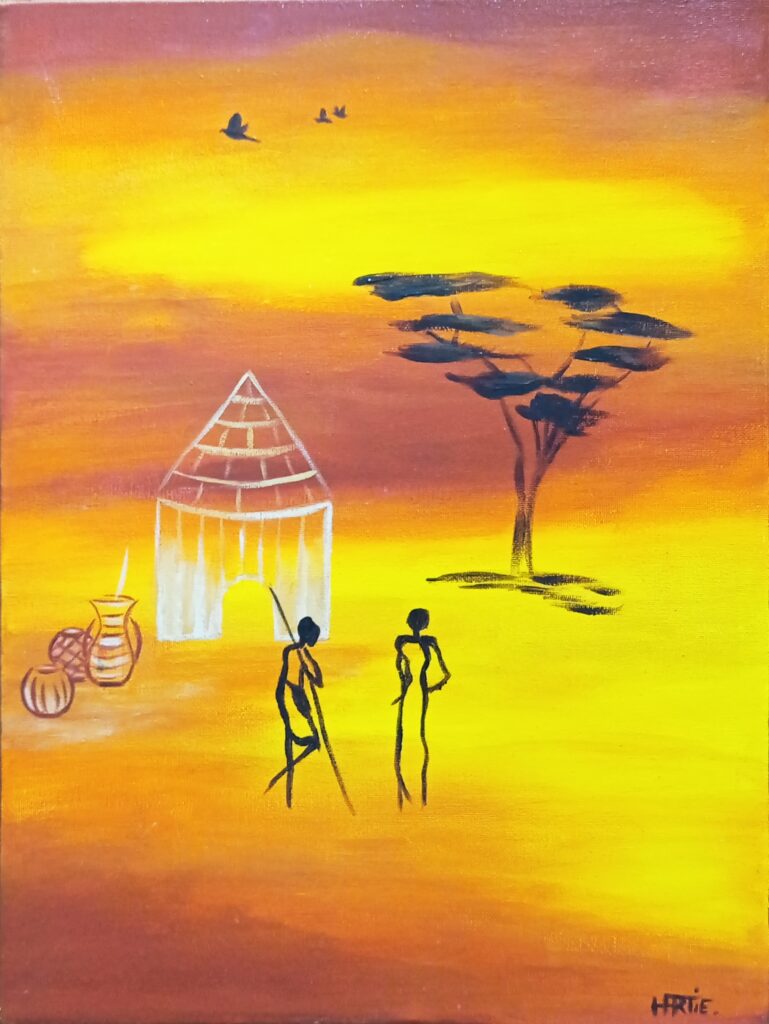 Tableau peint à l'acrylique au pinceau par HARTIE, artiste peintre.Scène de village africain. Couleurs chaudes. Figuratif