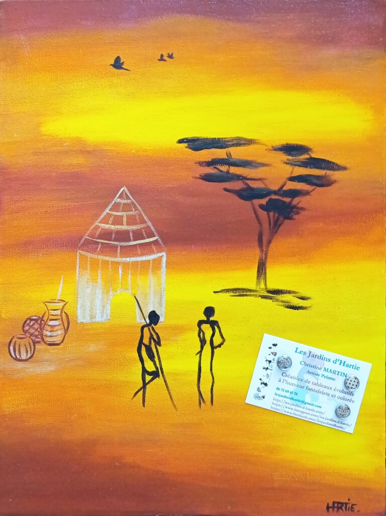 Tableau peint à l'acrylique au pinceau par HARTIE, artiste peintre et se transforme en panneau d'affichage. Avec des aimants, on fixe une image. Scène de village africain. Couleurs chaudes. Figuratif