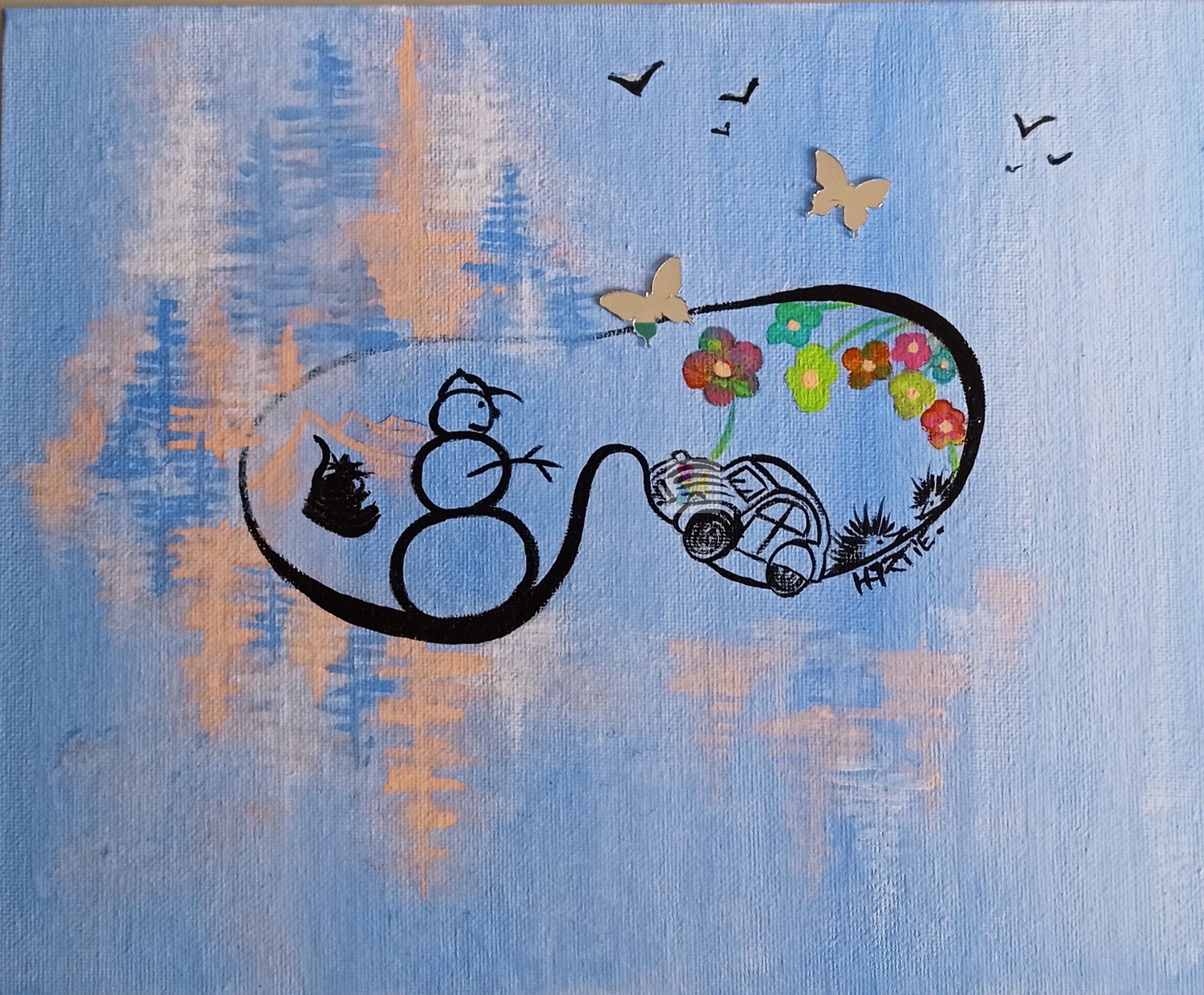 Tableau peint à l’acrylique au pinceau. L’artiste peintre est Christine Martin. Signature HARTIE. Scène imaginaire.